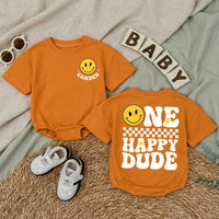 Custom One Happy Dude Baby Romper with Retro Smiley Face, Personalized Name, Soft Cotton Long Sleeve Outfit for Baby Boy 1st Birthday Gift
