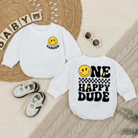Custom One Happy Dude Baby Romper with Retro Smiley Face, Personalized Name, Soft Cotton Long Sleeve Outfit for Baby Boy 1st Birthday Gift