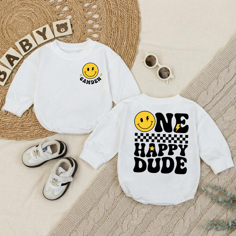 Custom One Happy Dude Baby Romper with Retro Smiley Face, Personalized Name, Soft Cotton Long Sleeve Outfit for Baby Boy 1st Birthday Gift
