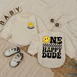 Custom One Happy Dude Baby Romper with Retro Smiley Face, Personalized Name, Soft Cotton Long Sleeve Outfit for Baby Boy 1st Birthday Gift