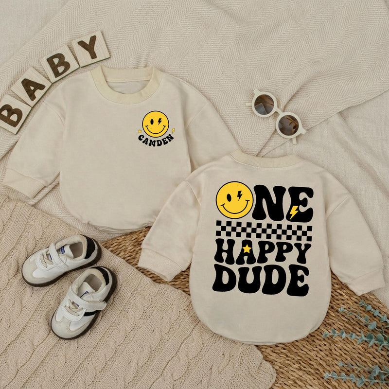 Custom One Happy Dude Baby Romper with Retro Smiley Face, Personalized Name, Soft Cotton Long Sleeve Outfit for Baby Boy 1st Birthday Gift