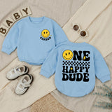 Custom One Happy Dude Baby Romper with Retro Smiley Face, Personalized Name, Soft Cotton Long Sleeve Outfit for Baby Boy 1st Birthday Gift