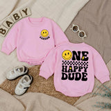 Custom One Happy Dude Baby Romper with Retro Smiley Face, Personalized Name, Soft Cotton Long Sleeve Outfit for Baby Boy 1st Birthday Gift