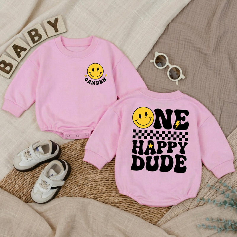 Custom One Happy Dude Baby Romper with Retro Smiley Face, Personalized Name, Soft Cotton Long Sleeve Outfit for Baby Boy 1st Birthday Gift