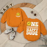 Custom One Happy Dude Baby Romper with Retro Smiley Face, Personalized Name, Soft Cotton Long Sleeve Outfit for Baby Boy 1st Birthday Gift