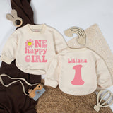 Custom One Happy Girl Birthday Romper with Smiley Daisy, Retro Pink and Yellow Baby Girl Outfit, First Birthday Smash Cake Keepsake Gift