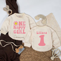 Custom One Happy Girl Birthday Romper with Smiley Daisy, Retro Pink and Yellow Baby Girl Outfit, First Birthday Smash Cake Keepsake Gift