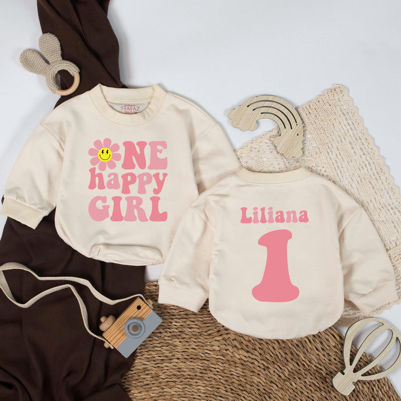 Custom One Happy Girl Birthday Romper with Smiley Daisy, Retro Pink and Yellow Baby Girl Outfit, First Birthday Smash Cake Keepsake Gift