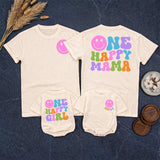 Custom One Happy Girl First Birthday Romper & Matching Family Shirts, Soft Cotton Baby Bodysuit & Adult T-Shirts for Celebrations