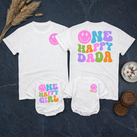 Custom One Happy Girl First Birthday Romper & Matching Family Shirts, Soft Cotton Baby Bodysuit & Adult T-Shirts for Celebrations