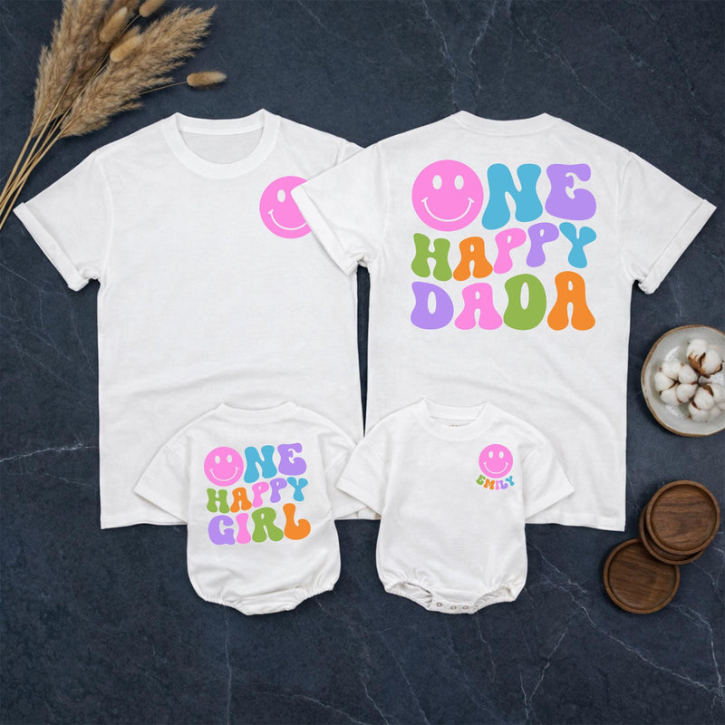 Custom One Happy Girl First Birthday Romper & Matching Family Shirts, Soft Cotton Baby Bodysuit & Adult T-Shirts for Celebrations