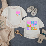 Custom One Happy Girl First Birthday Romper & Matching Family Shirts, Soft Cotton Baby Bodysuit & Adult T-Shirts for Celebrations