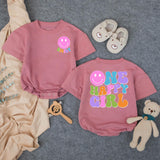 Custom One Happy Girl First Birthday Romper & Matching Family Shirts, Soft Cotton Baby Bodysuit & Adult T-Shirts for Celebrations