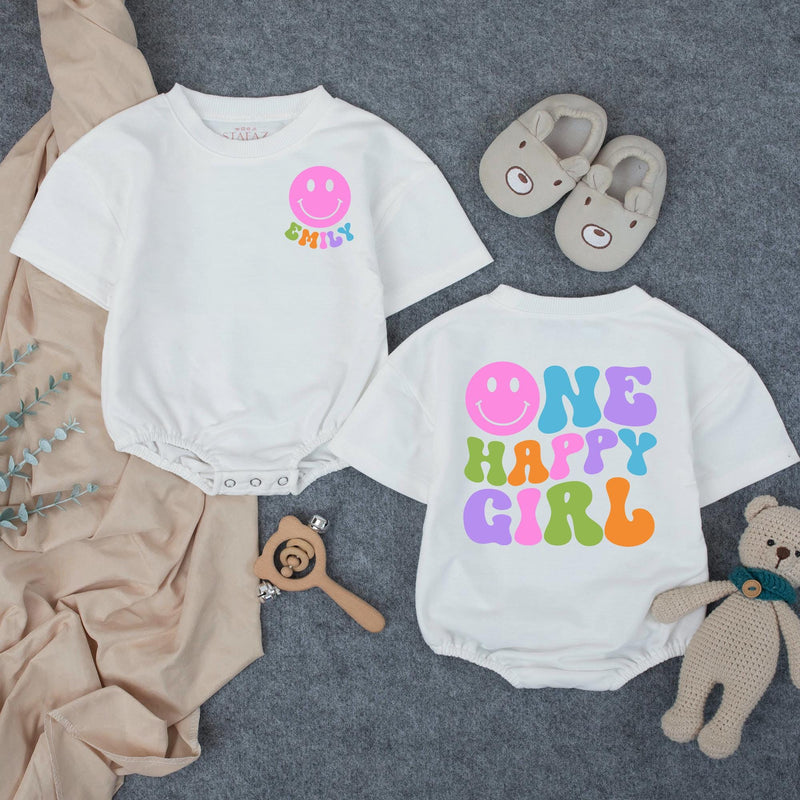 Custom One Happy Girl First Birthday Romper & Matching Family Shirts, Soft Cotton Baby Bodysuit & Adult T-Shirts for Celebrations