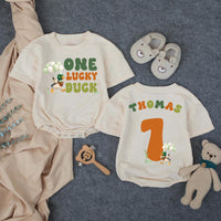 Custom One Lucky Duck Baby Romper with Mallard Artwork, Soft Cotton 1st Birthday Outfit, Personalized Cake Smash Bodysuit for Toddlers