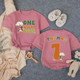 Custom One Lucky Duck Baby Romper with Mallard Artwork, Soft Cotton 1st Birthday Outfit, Personalized Cake Smash Bodysuit for Toddlers