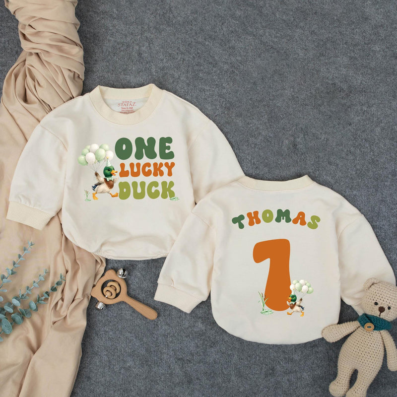 Custom One Lucky Duck Baby Romper with Mallard Artwork, Soft Cotton 1st Birthday Outfit, Personalized Cake Smash Bodysuit for Toddlers