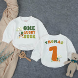 Custom One Lucky Duck Baby Romper with Mallard Artwork, Soft Cotton 1st Birthday Outfit, Personalized Cake Smash Bodysuit for Toddlers
