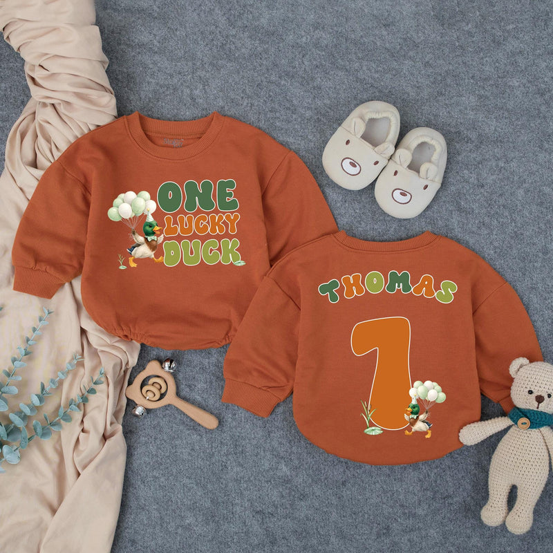 Custom One Lucky Duck Baby Romper with Mallard Artwork, Soft Cotton 1st Birthday Outfit, Personalized Cake Smash Bodysuit for Toddlers