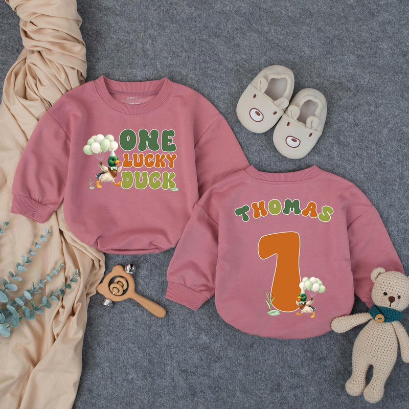 Custom One Lucky Duck Baby Romper with Mallard Artwork, Soft Cotton 1st Birthday Outfit, Personalized Cake Smash Bodysuit for Toddlers