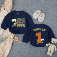Custom One Lucky Duck Baby Romper with Mallard Artwork, Soft Cotton 1st Birthday Outfit, Personalized Cake Smash Bodysuit for Toddlers