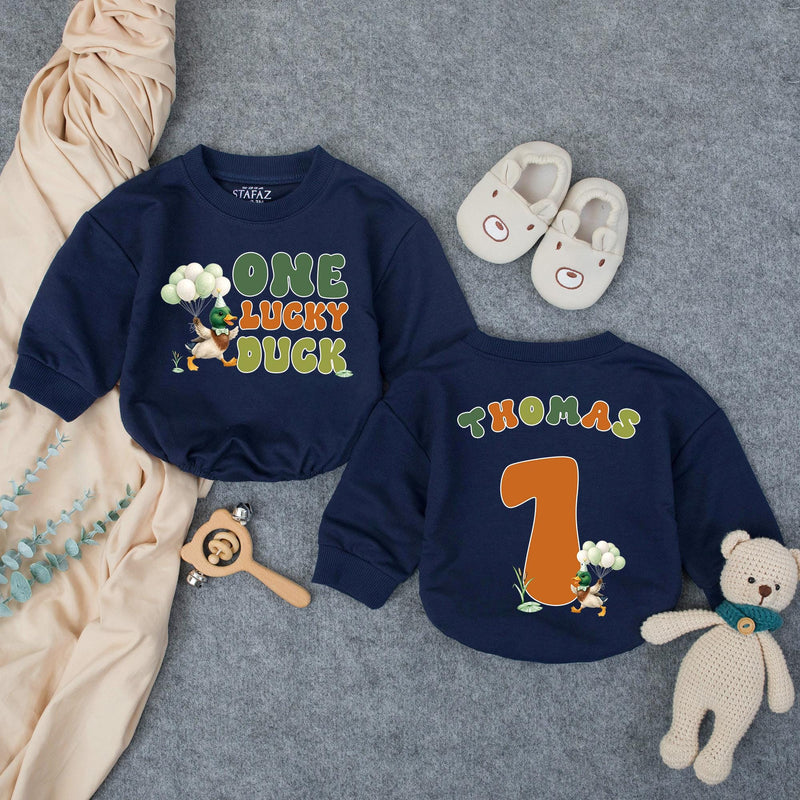 Custom One Lucky Duck Baby Romper with Mallard Artwork, Soft Cotton 1st Birthday Outfit, Personalized Cake Smash Bodysuit for Toddlers