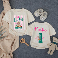Custom One Lucky Duck First Birthday Girl Romper, Pink Striped Duck Hunting Outfit, Soft Cotton Bubble Romper for Cake Smash Photos