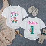 Custom One Lucky Duck First Birthday Girl Romper, Pink Striped Duck Hunting Outfit, Soft Cotton Bubble Romper for Cake Smash Photos