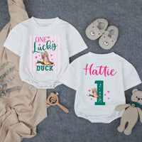 Custom One Lucky Duck First Birthday Girl Romper, Pink Striped Duck Hunting Outfit, Soft Cotton Bubble Romper for Cake Smash Photos