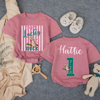 Custom One Lucky Duck First Birthday Girl Romper, Pink Striped Duck Hunting Outfit, Soft Cotton Bubble Romper for Cake Smash Photos