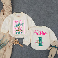 Custom One Lucky Duck First Birthday Girl Romper, Pink Striped Duck Hunting Outfit, Soft Cotton Bubble Romper for Cake Smash Photos
