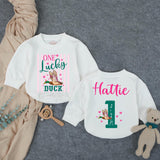 Custom One Lucky Duck First Birthday Girl Romper, Pink Striped Duck Hunting Outfit, Soft Cotton Bubble Romper for Cake Smash Photos
