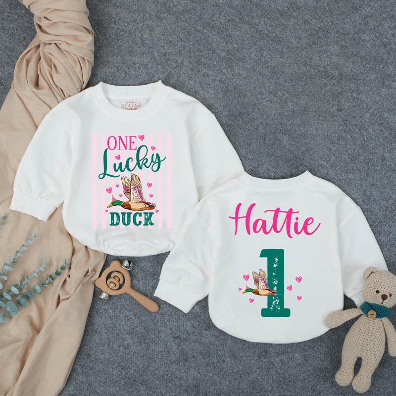 Custom One Lucky Duck First Birthday Girl Romper, Pink Striped Duck Hunting Outfit, Soft Cotton Bubble Romper for Cake Smash Photos