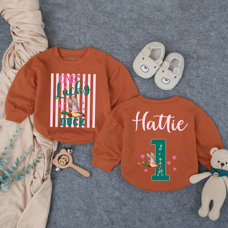 Custom One Lucky Duck First Birthday Girl Romper, Pink Striped Duck Hunting Outfit, Soft Cotton Bubble Romper for Cake Smash Photos