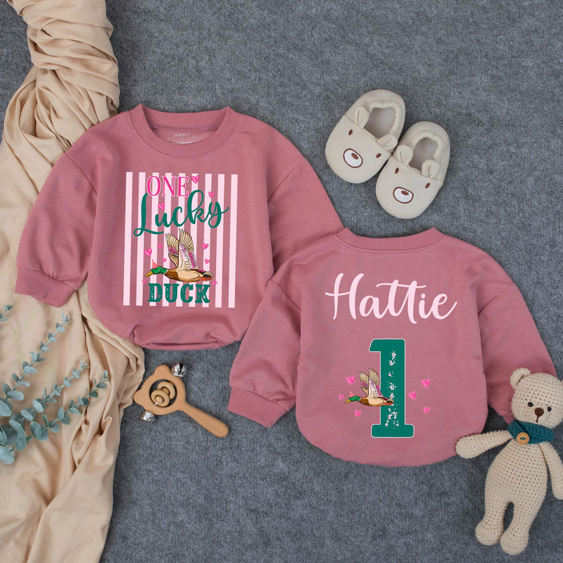 Custom One Lucky Duck First Birthday Girl Romper, Pink Striped Duck Hunting Outfit, Soft Cotton Bubble Romper for Cake Smash Photos