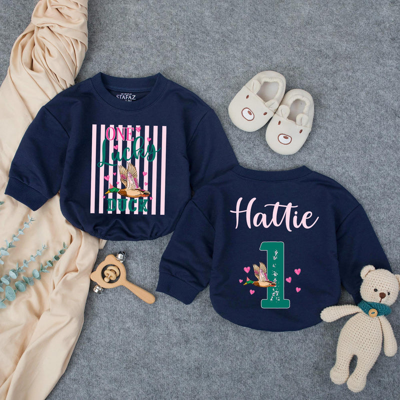 Custom One Lucky Duck First Birthday Girl Romper, Pink Striped Duck Hunting Outfit, Soft Cotton Bubble Romper for Cake Smash Photos