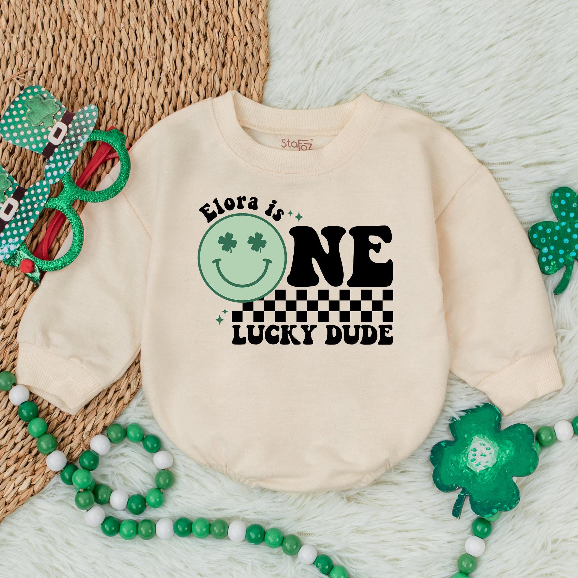 Custom One Lucky Dude Bubble Romper with Smiley St. Patrick's Day Outfit Baby Boy Gift Checkered Design Soft Cotton