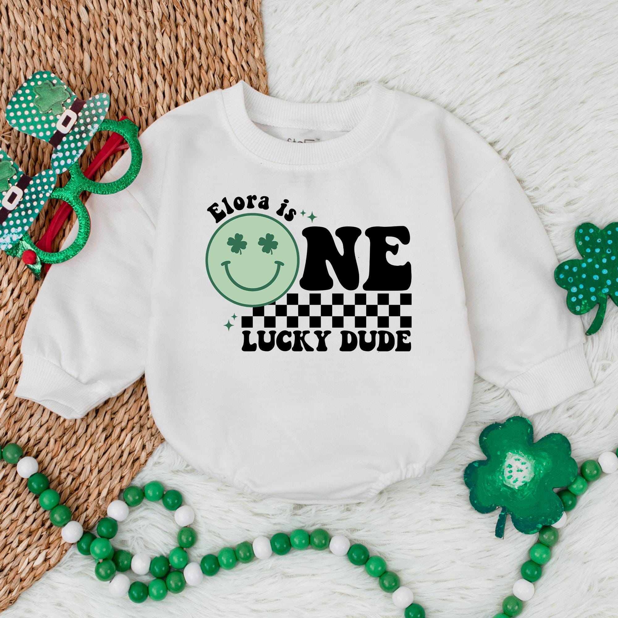 Custom One Lucky Dude Bubble Romper with Smiley St. Patrick's Day Outfit Baby Boy Gift Checkered Design Soft Cotton