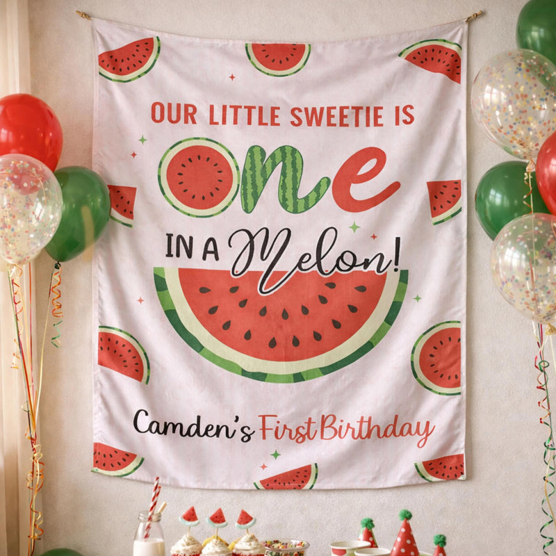 Custom One in a Melon Silk Birthday Banner, Watermelon Theme Party Backdrop for Baby or Toddler Girl's 1st Summer Celebration