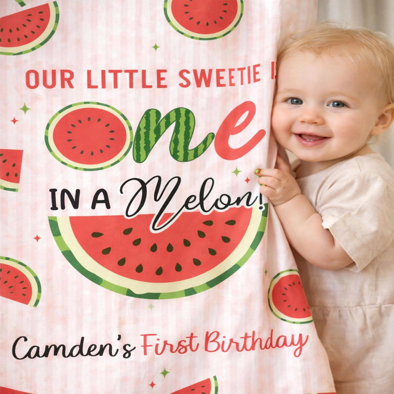 Custom One in a Melon Silk Birthday Banner, Watermelon Theme Party Backdrop for Baby or Toddler Girl's 1st Summer Celebration