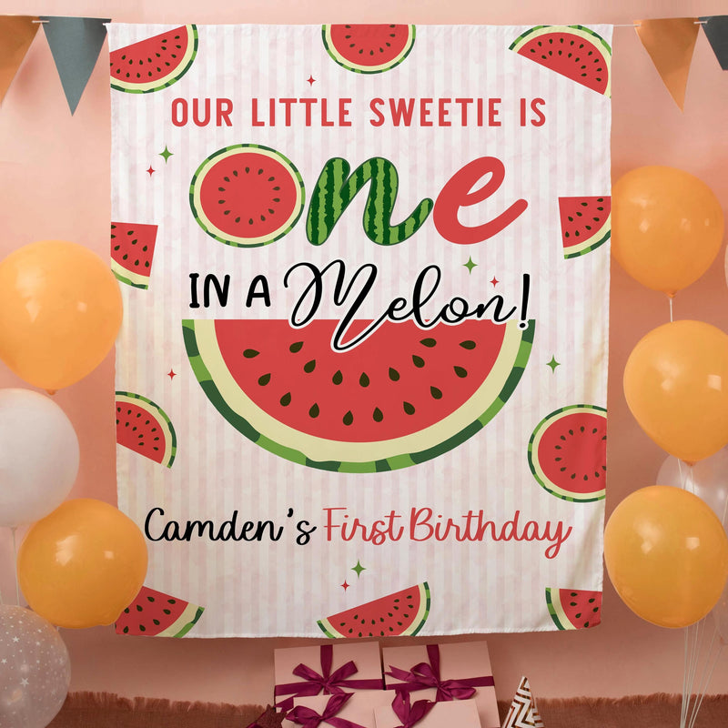 Custom One in a Melon Silk Birthday Banner, Watermelon Theme Party Backdrop for Baby or Toddler Girl's 1st Summer Celebration