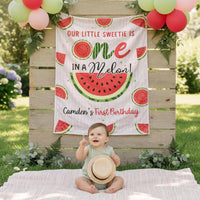Custom One in a Melon Silk Birthday Banner, Watermelon Theme Party Backdrop for Baby or Toddler Girl's 1st Summer Celebration