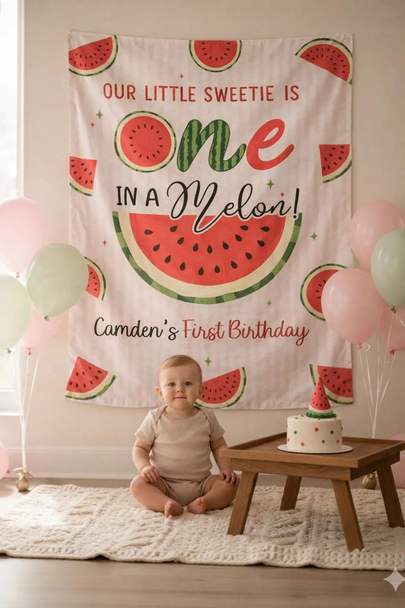 Custom One in a Melon Silk Birthday Banner, Watermelon Theme Party Backdrop for Baby or Toddler Girl's 1st Summer Celebration