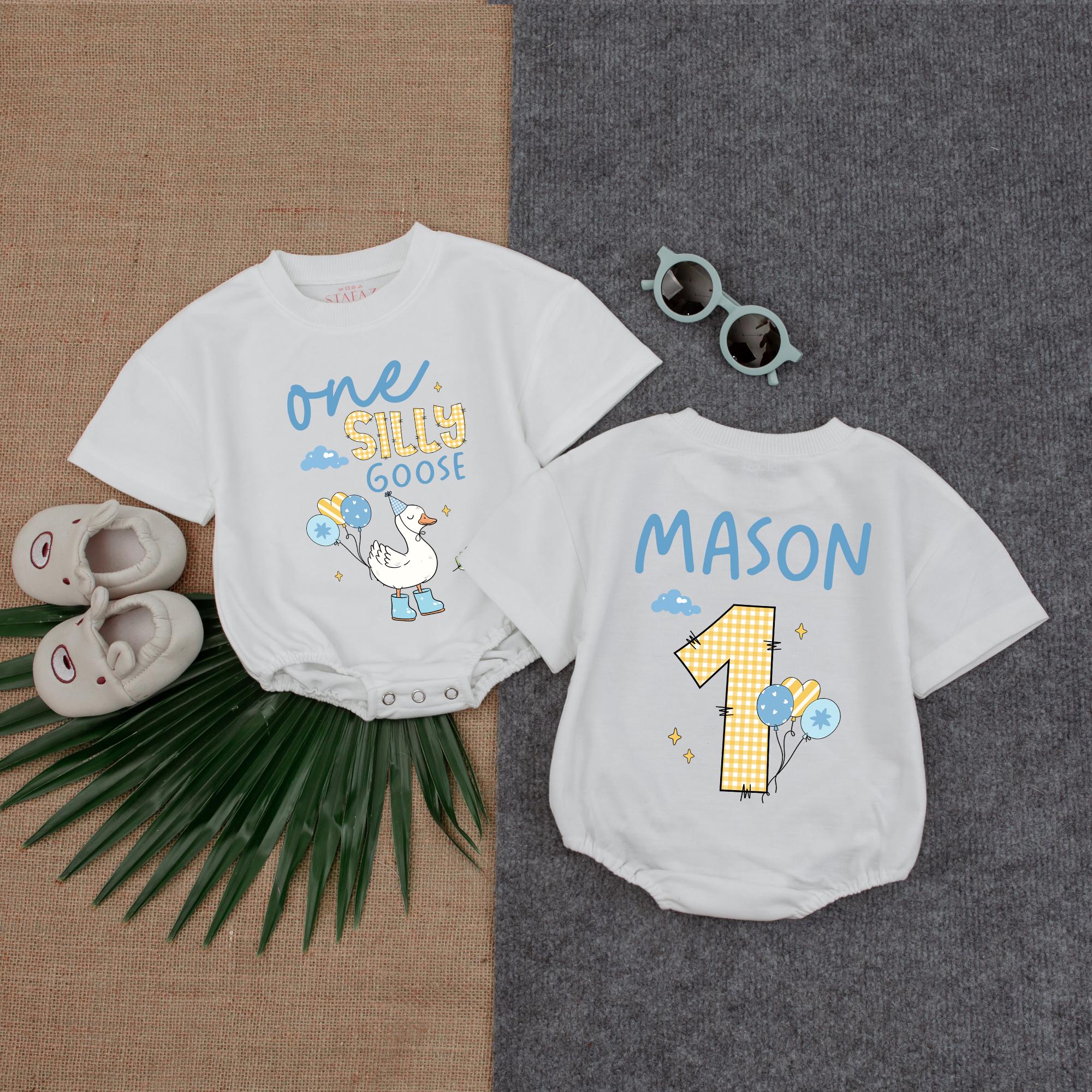 Custom One Silly Goose Baby Romper First Birthday Outfit Boy Soft Cotton Comfortable Playful Design Yellow Blue Gift