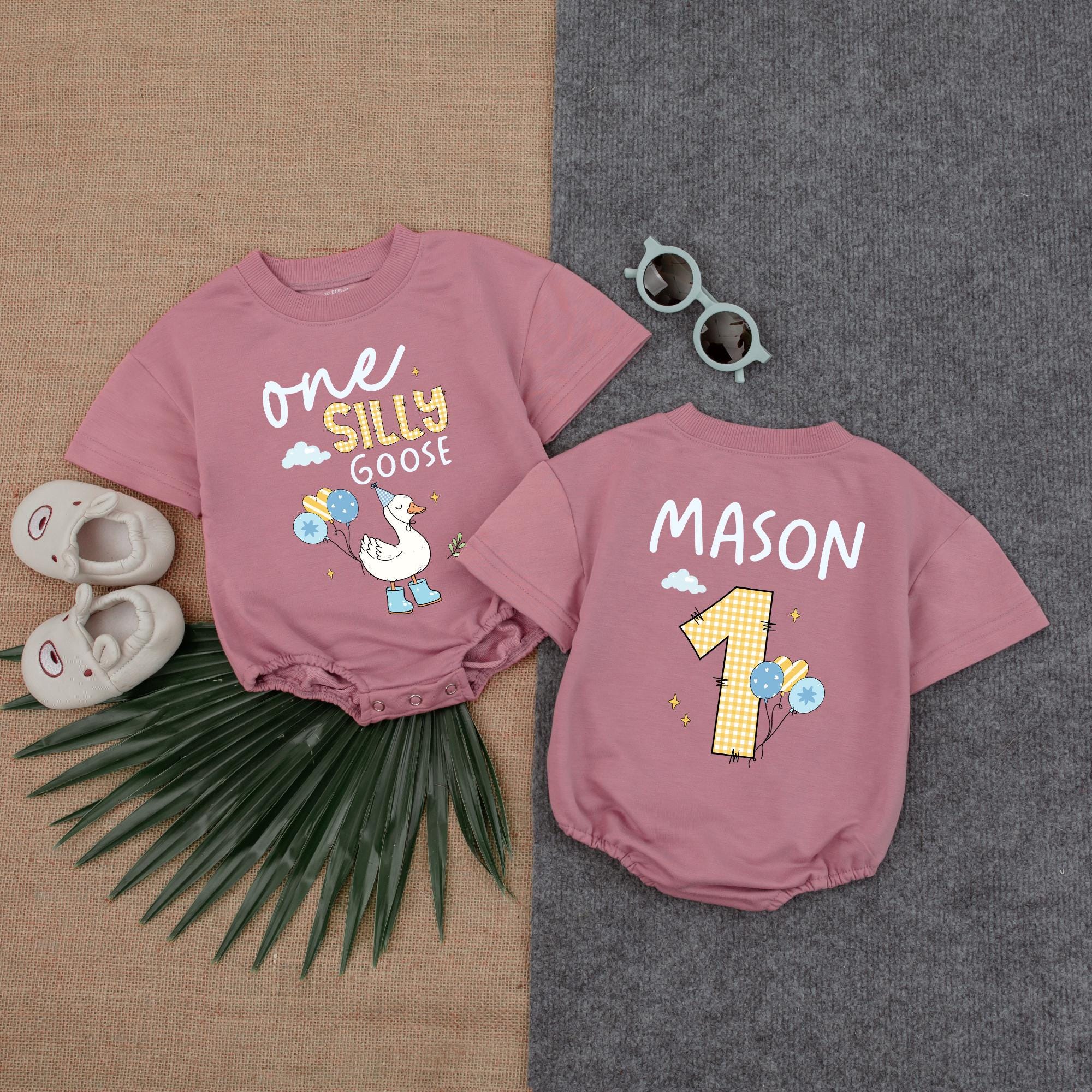 Custom One Silly Goose Baby Romper First Birthday Outfit Boy Soft Cotton Comfortable Playful Design Yellow Blue Gift