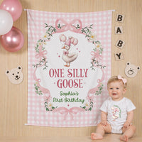 Custom One Silly Goose Birthday Banner & Romper Set for Baby Girls, Pink Gingham Design, Perfect for 1st Birthday Party or Milestone Photos