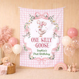 Custom One Silly Goose Birthday Banner & Romper Set for Baby Girls, Pink Gingham Design, Perfect for 1st Birthday Party or Milestone Photos