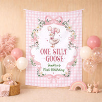 Custom One Silly Goose Birthday Banner & Romper Set for Baby Girls, Pink Gingham Design, Perfect for 1st Birthday Party or Milestone Photos