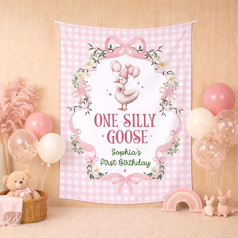 Custom One Silly Goose Birthday Banner & Romper Set for Baby Girls, Pink Gingham Design, Perfect for 1st Birthday Party or Milestone Photos