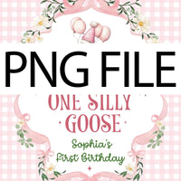 Custom One Silly Goose Birthday Banner & Romper Set for Baby Girls, Pink Gingham Design, Perfect for 1st Birthday Party or Milestone Photos